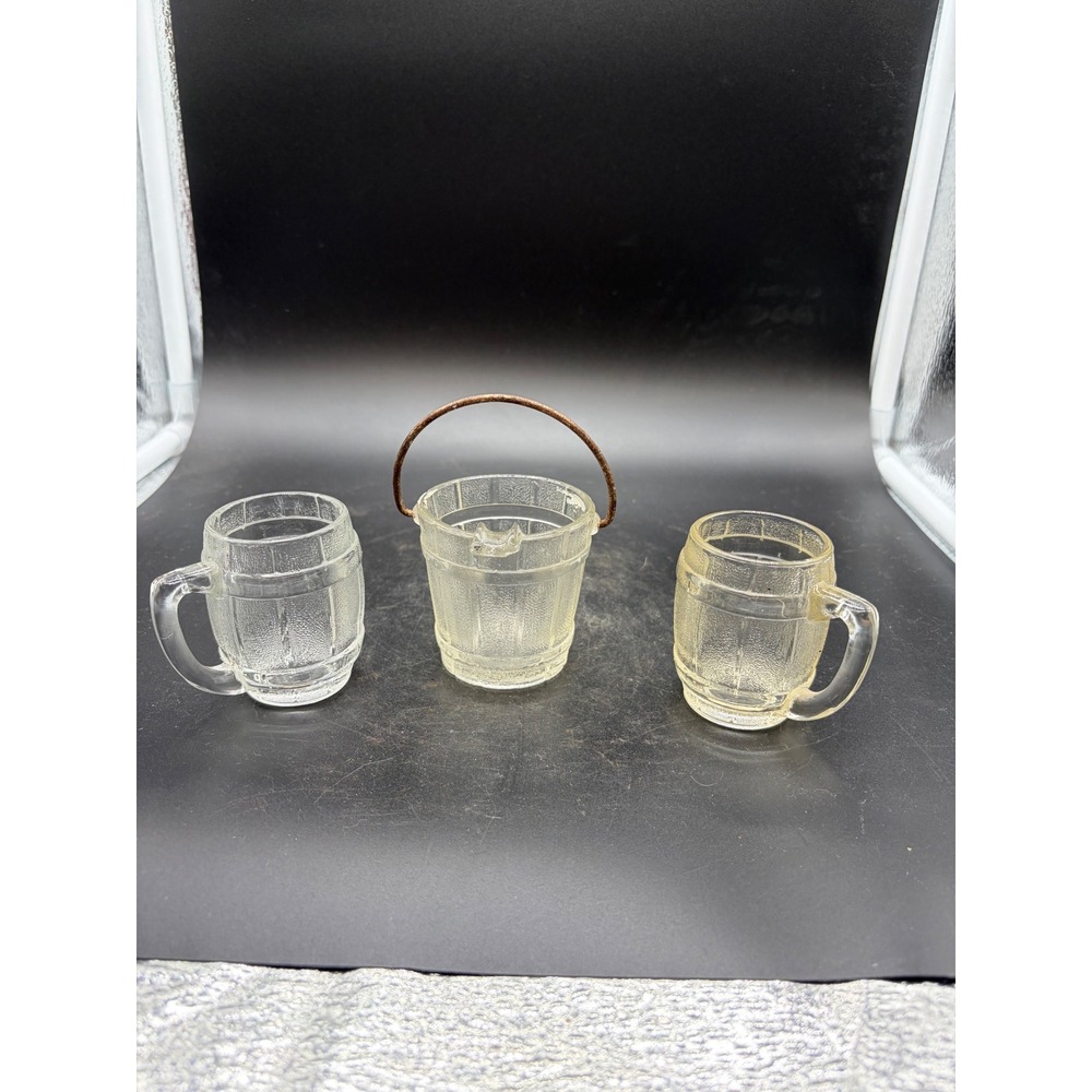 Vintage Set of 3 Clear Glass Water Bucket‎ Ashtray & 2 Toothpick Holders
